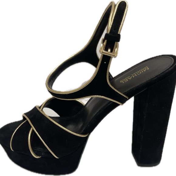 Michael Kors Black Platform Suede-Leather Heels with Gold Trim (New!) - Picture 1 of 5